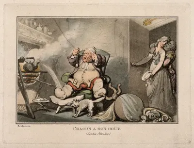 An obese gouty man in trouble, while his attendants cavort