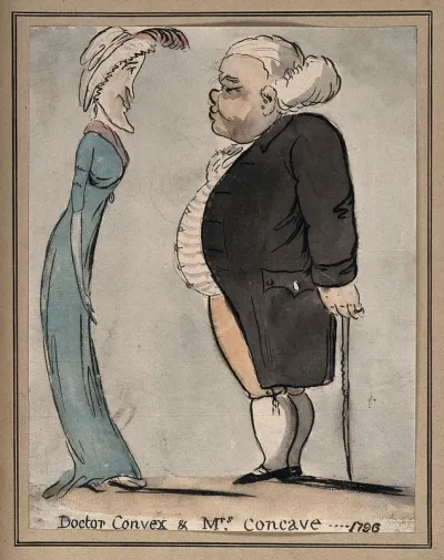 An obese man talking to a tall lean woman