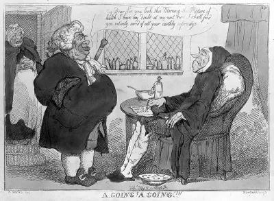 An obese physician pleased with the progress of his emaciated terminally ill patient