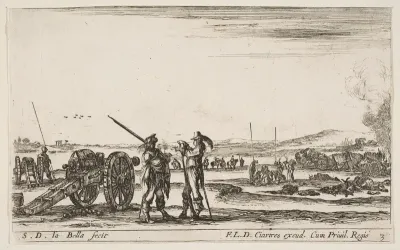 An officer giving orders to a soldier in centre foreground, cannon at left, plate 3 from "Various Military Caprices" (Varii capricci militari)