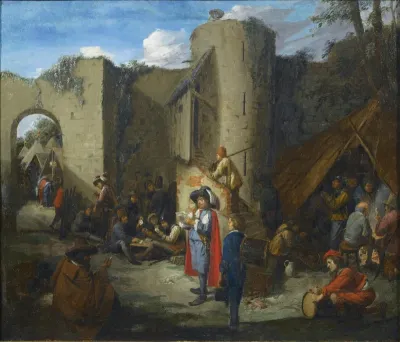 An officer reading a letter in a military encampment beside the walls of a castle