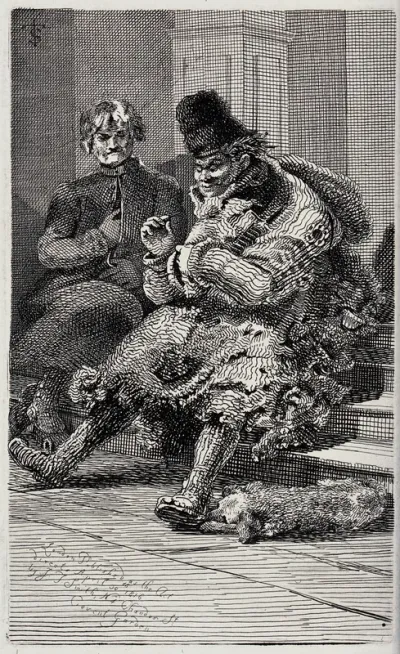 An old beggar in very tattered old clothes is sitting on a staircase with his sleeping dog curled up at his feet