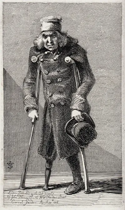 An old beggar with a wooden leg moves with the aid of two crutches and holds his hat in his left hand