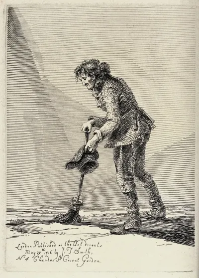 An old black man in ragged clothes holding a broom in his left hand and holding his hat in his right hand as if to beg for alms