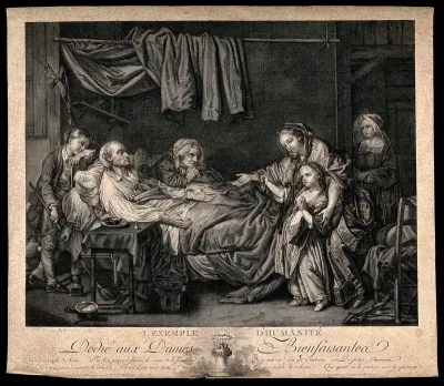 An old couple lie in their sick bed receiving alms from a girl with the encouragement of her mother and a nun