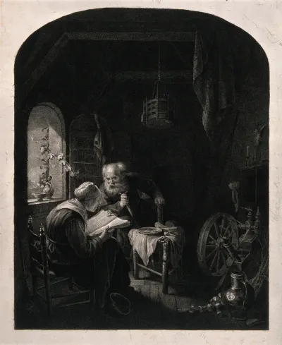 An old couple sitting, the man leans over on his walking stick to listen to the woman reading from the bible