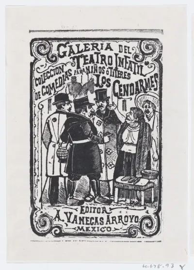 An old female vendor talking to a group of gentlemen, illustration for 'Los Cendarmes,' edited by Antonio Vanegas Arroyo