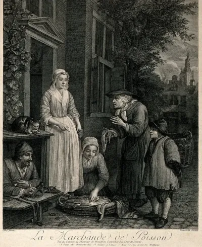 An old fish seller is selling fish on the doorstep to a woman in front of her house, while another woman is examining the fish; a shoemender looks on