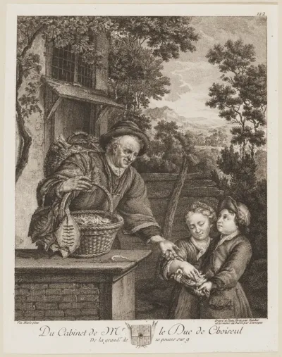 An old Fishmonger selling shrimp to two children