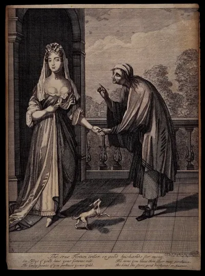 An old fortune-teller is looking at a young woman's palm