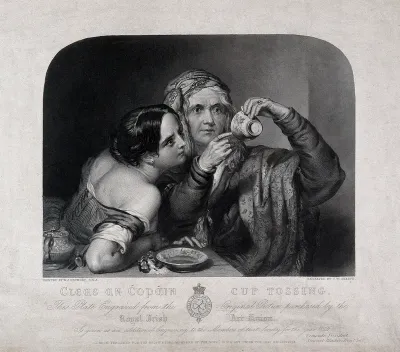 An old fortune-teller is reading a young woman's fortune by looking at tea leaves at the bottom of a cup