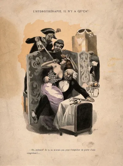 An old gallant is hosed down by two interfering young men; thus preventing any over-heating of the old lecher's heart