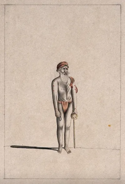 An old Hindu ascetic or holy man: standing, wearing a saffron loincloth and turban and carrying a cloth bundle, pot and beads