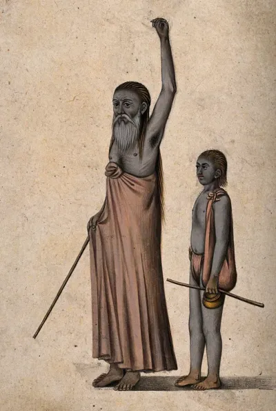 An old Hindu ascetic or holy man: standing, with left arm raised above his head, accompanied by a boy