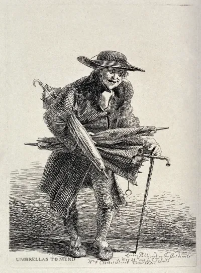 An old itinerant salesman offering the repair of defect umbrellas