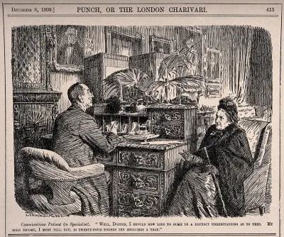 An old lady being frank about her financial situation with an affluent doctor