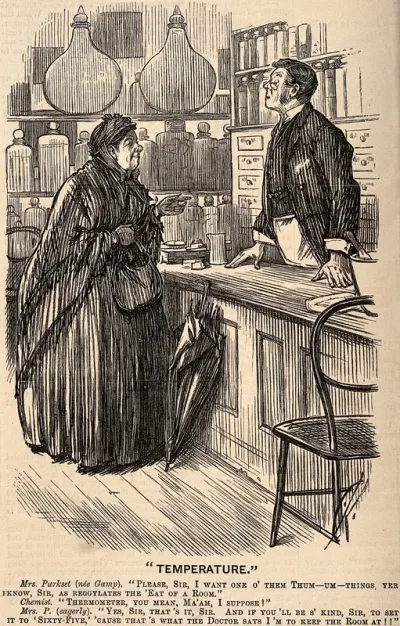 An old lady in a pharmacy misunderstanding the use of a thermometer: she thinks the ambient temperature will adjust to match a setting on the thermometer, rather than vice versa