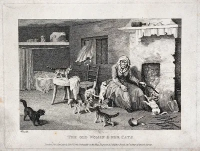 An old lady is enraged when her cats disturb her stoking the fire