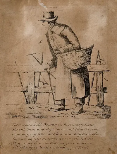 An old lady selling matches, with boat masts in the background