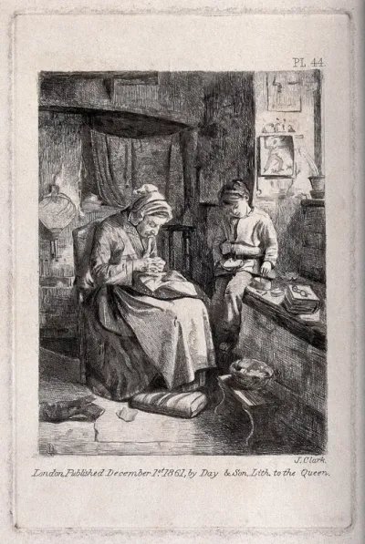 An old lady sits with a basket on her lap while a boy is about to spread jam on a piece of bread