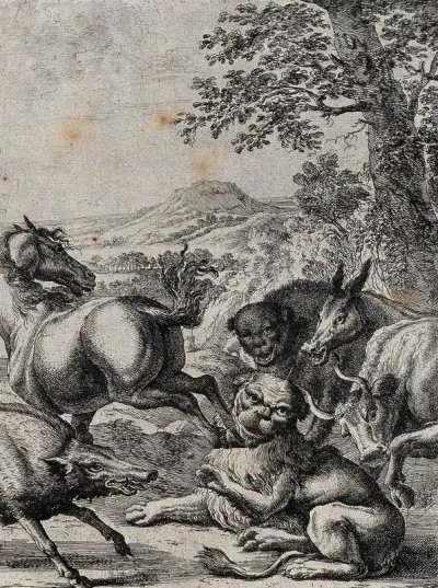 An old lion lying on the ground is kicked by the hind hoof of a horse; illustration of a fable by J