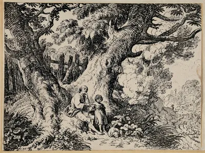 An old man and a child are seated under a tree; dog sleeping on the ground