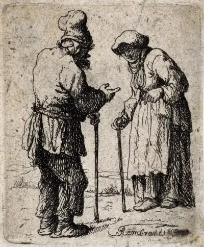 An old man and an old woman conversing while holding on to their walking sticks