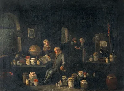 An old man consulting a book and holding a flask in a room with many pharmacy jars