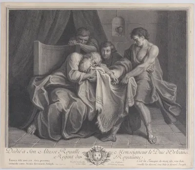 An old man crying into a tunic while his sons pull it away from him