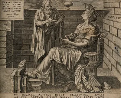 An old man discourses with a woman with a bird on her head; representing dialectic