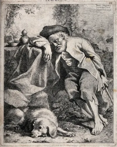 An old man has fallen asleep leaning against the table, while his dog keeps a watchful eye