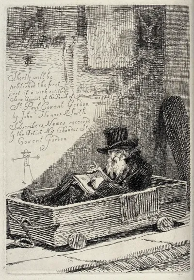 An old man in a top hat sitting in a wooden cart with wheels that resembles a coffin, pointing at a passage in the book he is reading