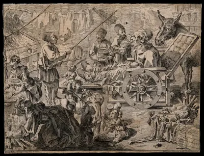 An old man in a wheelchair is fed by three boys; around him a family goes about its business