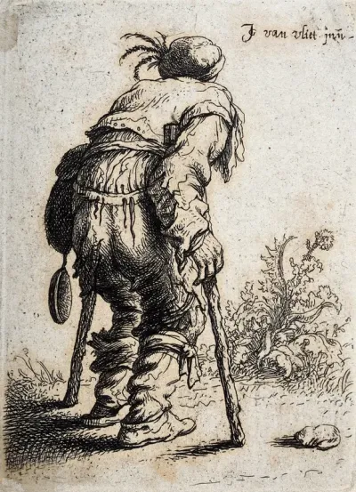 An old man in ragged clothes and a fur cap with a feather seen from behind walking with two sticks