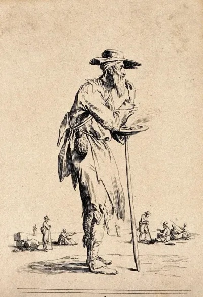 An old man in ragged clothes leaning on a stick