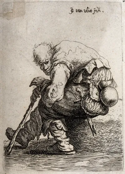 An old man in ragged clothes resting on a stone