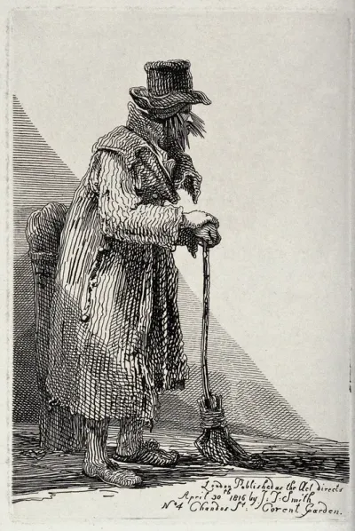 An old man in tattered clothes leaning on a broom for support