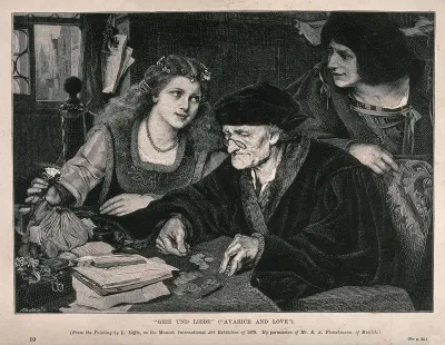 An old man is sitting at a table counting his money as a young couple look at one another over his head
