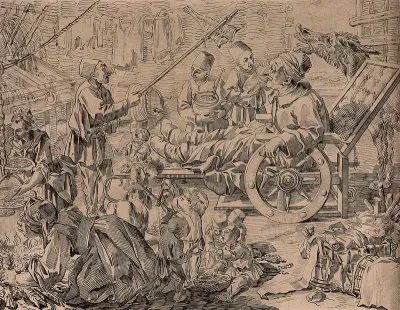 An old man is sitting in a cart being offered food, women are cooking and children are playing and eating