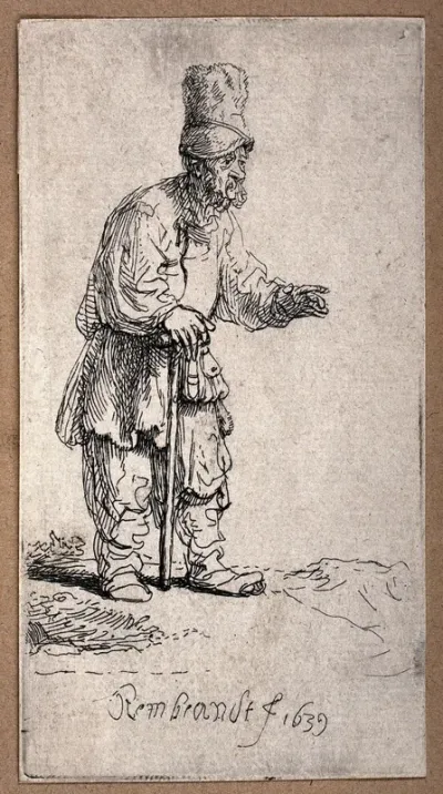An old man leans on a stick pointing with his left hand