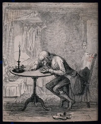 An old man leans over a table counting the money in his hand as a girl peeps through the door