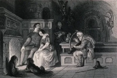 An old man plays a harp as a young couple sit together by a fire, with two dogs at their feet