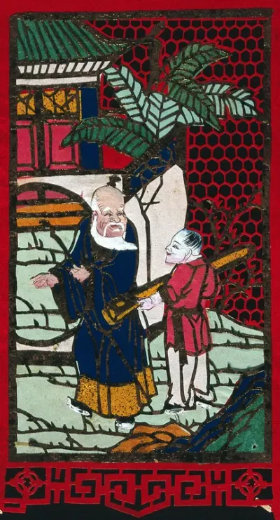An old man, possibly Chang Kuo-lao, one of the eight immortals of Taoism, accompanied by a man holding a bamboo tube drum (?)