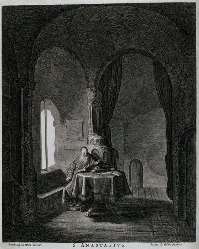 An old man reading a book, designated as Saint Anastasius