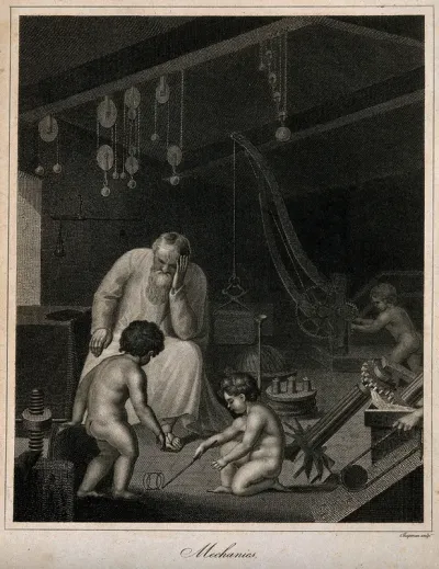 An old man rests his head on his hand; cherubs play in a room filled with mechanical instruments; representing mechanical philosophy (or 18th century physics)