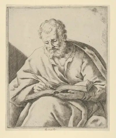 An old man seated and writing in a book (an evangelist?)