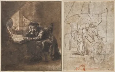An Old Man Seated at a Table, His Head Resting on His Right Hand (recto); The Healing of Tobit (verso)