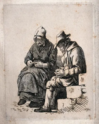 An old man sits asleep with his hands clasped while an old lady looks down at something she is holding in her hands