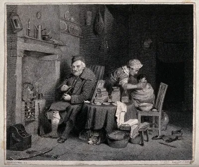 An old man sits by the fire while a woman washes a child's face from a bowl on a chair