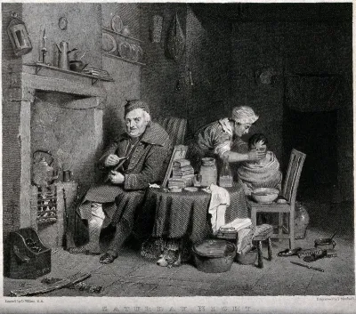 An old man sits by the fire while a woman washes a young child's face over a bowl of water on a chair